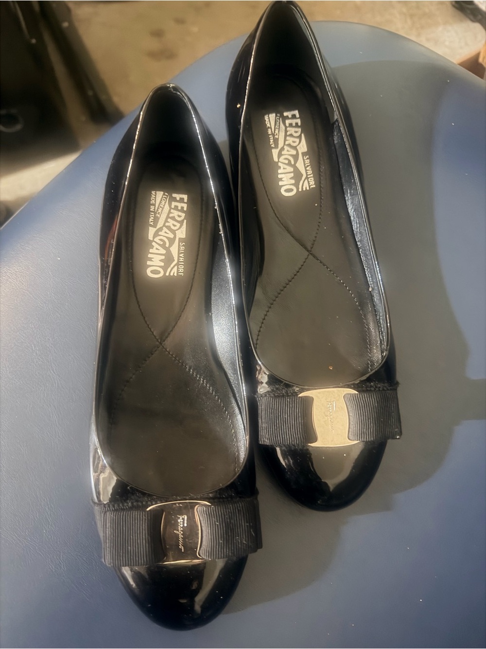 Salvatore Ferragamo Black Patent Vara Bow Flats with Gold Logo